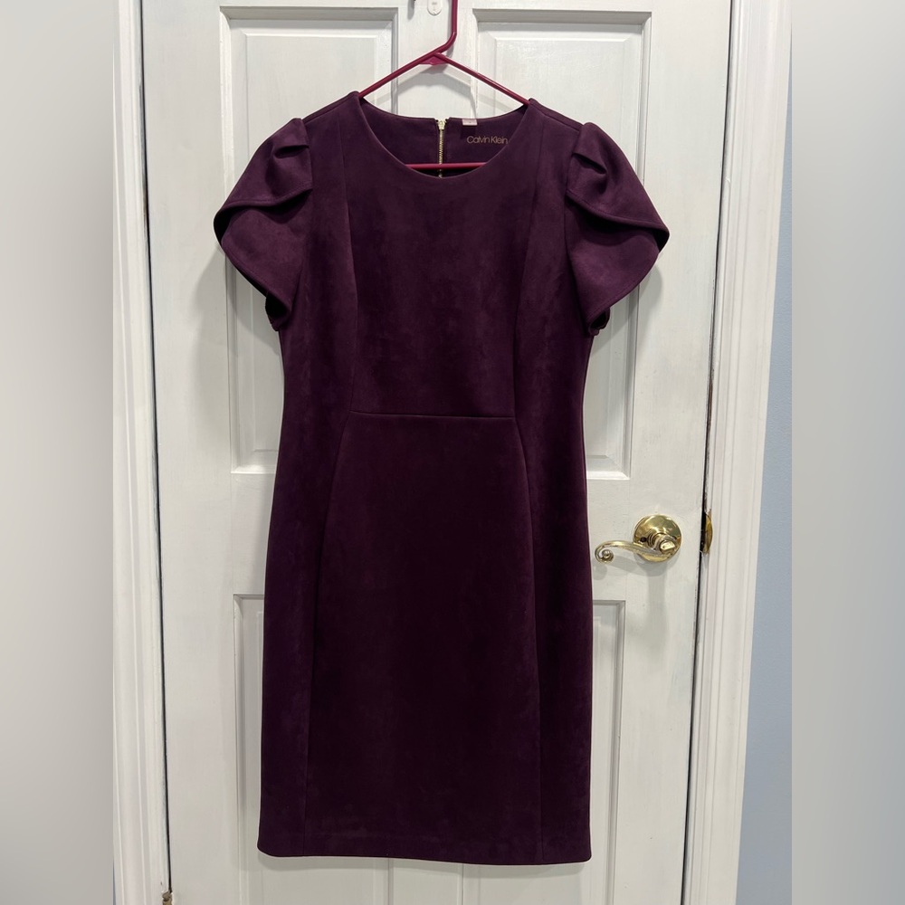 CALVIN KLEIN Faux Suede Purple Short Sleeve Midi Dress SIZE 12 Newly Dry Cleaned